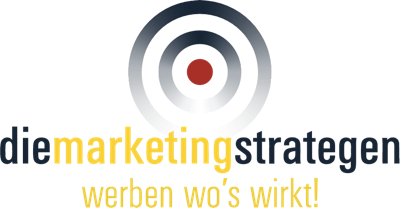 Logo mit konzentrischen Kreisen und dem Text "diemarketingstrategen werben wo's wirkt!" in verschiedenen Schriftarten und Farben.